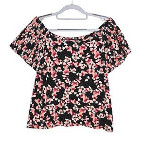 WHITE HOUSE BLACK MARKET Top Shirt BLACK w PINK Floral size XS Cute Off Shoulder